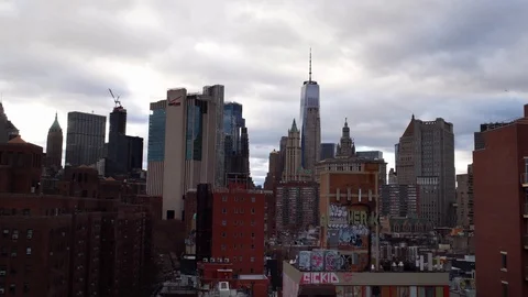 Low angle aerial drone shot of NYC New York City Manhattan skyscraper buildings. Stock Footage 122533600
