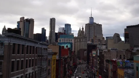 Low angle aerial drone shot of NYC New York City Manhattan iconic skyscrapers. Stock Footage 122533745