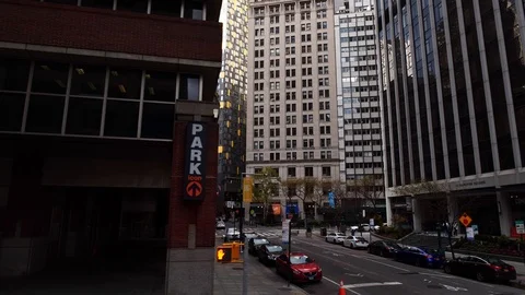Low angle aerial drone shot of skyscrapers around wall street in New York City  Stock Footage 122542441