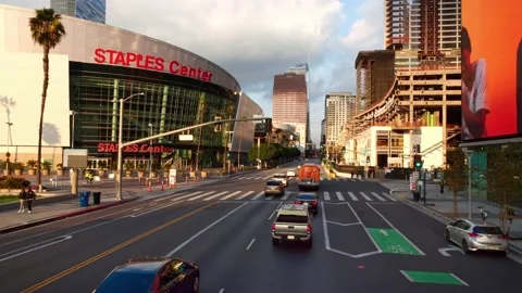 Low angle aerial drone shot of main street downtown Los Angeles. Staples center. Video stock 131489927