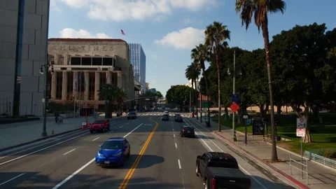 Low angle aerial drone shot of street downtown Los Angeles. 4k slow motion. LA Stock Footage 131490958