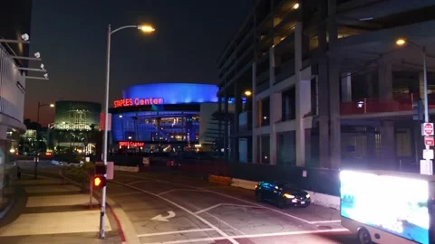 Low angle aerial drone shot. Street downtown Los Angeles at night Staples center Stock Footage 131492738