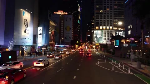 Low angle aerial drone shot. Street downtown Los Angeles at night LA offices. 4k Stock Footage 131493521