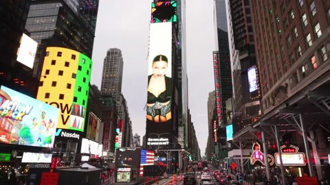 Low angle aerial drone shot of Time Square street in Manhattan, New York City.  Stock Footage 224366299