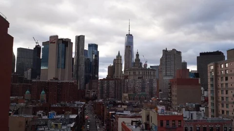 Low angle aerial drone view of NYC New York City Manhattan skyscraper buildings. Stock Footage 122533847