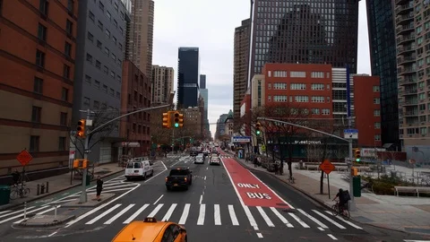 Low angle aerial drone view of New York City Manhattan street with cars. 4k Stock Footage 122540748