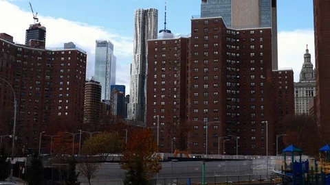 Low angle aerial drone view of street in Manhattan New York City. NYC, USA Stock Footage 122542328