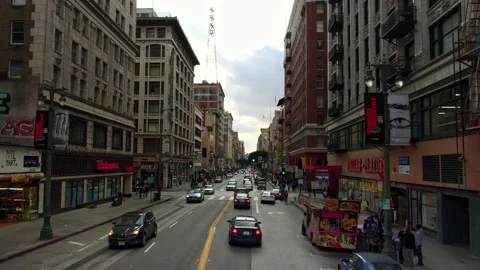 Low angle aerial drone view of downtown Los Angeles. LA urban life, travel USA Video stock 131488215