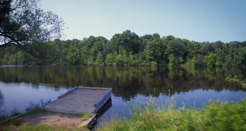 Low angle aerial over dock towards trees Stock Footage 54709059