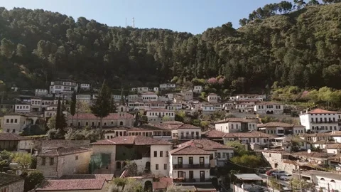Low-angle aerial view historic Gorica quarter in Berat.Tiered Ottoman resid.. 動画素材 333261047