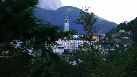 Low angle aerial view of Intragna, Ticino. scenic train Centovalli Railway Stock Footage 125108810