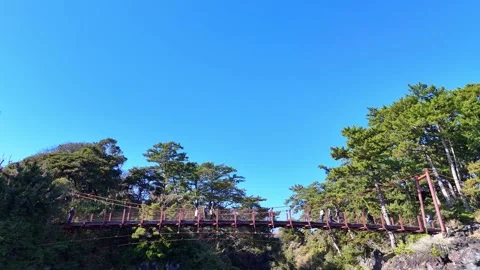Low Angle Aerial View of Kadowaki Suspension Bridge Stock Footage 329060813