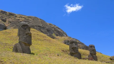 LOW ANGLE: Ancient moais are scattered around the meadows under the volcano. Stock Footage 111229270