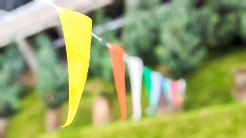 Low angle and focused view. Multicolored decorative party pennants in the park Stock Photos