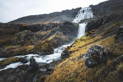 Low angle and long exposure shot of Dynjandi Waterfall in Iceland Stock Photos