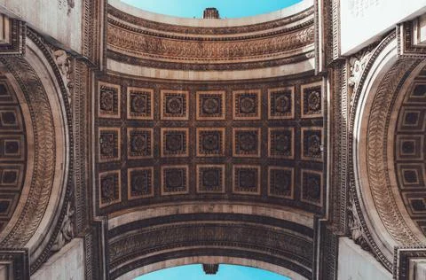 Low angle of the antique Arc de Triomphe in Paris Stock Photos