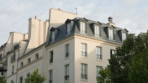 Low-angle architectural view of a classic Parisian Haussmann building corner, sh Stock Footage 338007382