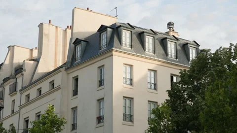 Low-angle architectural view of a classic Parisian Haussmann building corner, sh Stock Footage 338007395