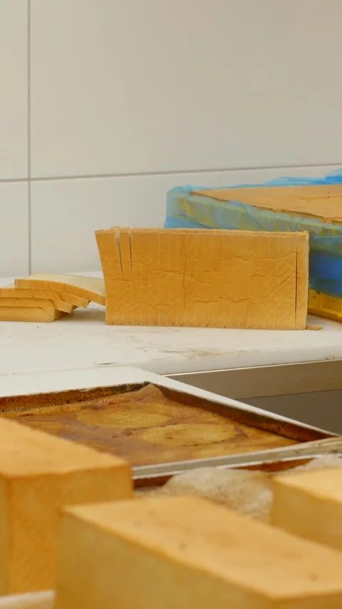 Low-angle bakery production with stacked sliced loaves on trays and prep table Stock Footage 345601363
