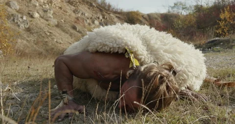 Low angle of bearded man in animal hide licking and smelling soil while stalking Stock Footage 137983273