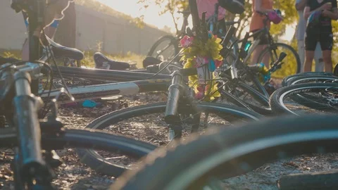 Low angle of bikes on the floor as the sun comes up on a sunny day in cuba Stock Footage 88764871