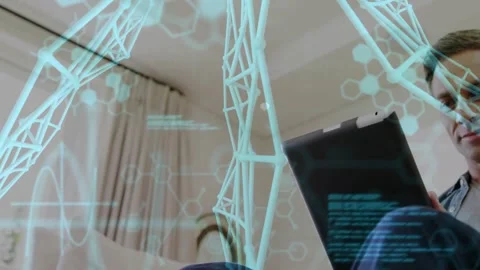 Low-angle camera showing cyan AR molecular scaffold while man raising tablet, Stock Footage 330444203