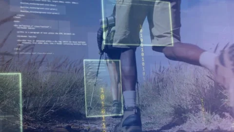Low-angle camera tracking female hiker, male hiker joining, code aligning over Vídeo Stock 333336251