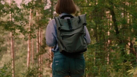 Low angle carefree young backpacker female walking and admiring amazing natural Stock Footage 101255418
