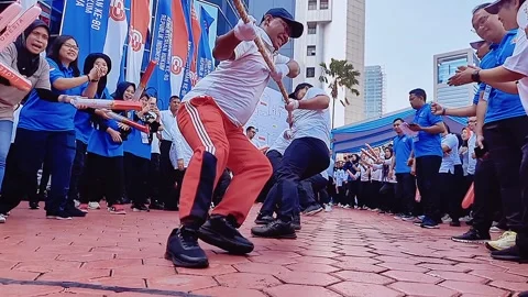 Low angle cinematic shot. The tug-of-war competition Stock Footage 315355935