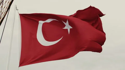 Low angle close-up of beautiful Turkey flag, country symbol waving on pole in Stock Footage 172042227