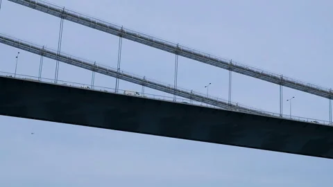 Low angle close up of cable-stayed bridge with flow of cars Vidéo 253575136