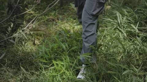 Low angle close up female hiker backpacker foots legs walking along forest dirt 스톡 동영상 333779984
