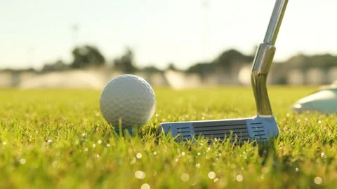 Low angle close up of golfer putting white ball on blue tee on sunny green .. Video stock 337351407