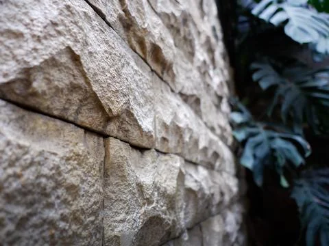Low angle close-up of sandstone wall featuring textured stone block Stock Photos