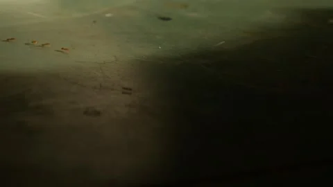 Low angle close-up of small red ants on aged scratched green surface Video stock 337873134