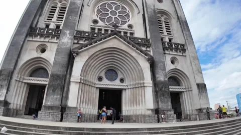 Low angle close view of Metropolitan Cathedral rose window and arches in Stock Footage 344024841