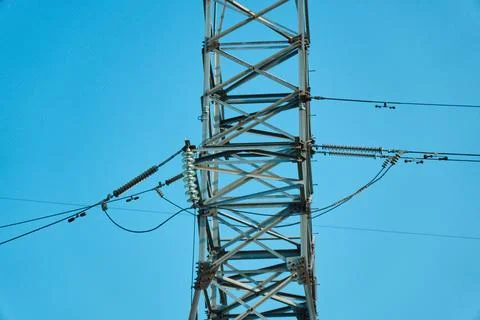 Low angle close up view of a strategic electrical distribution framework grid 스톡 사진