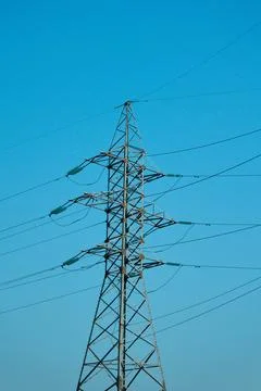 Low angle close up view of a strategic electrical distribution framework grid Stock Photos