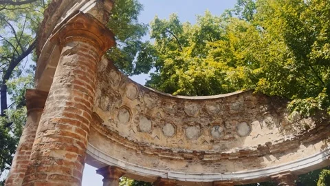 Low-angle close view of the weathered Tempietto d’Arcadia in Parma’s Parco Stock Footage 345520346