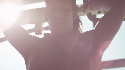 Low angle close up of young caucasian woman breathing and resting during workout 스톡 동영상 124472749