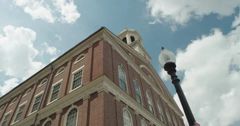 Low angle closeup of Boston's colonial Old State house handheld Stock Footage 219231144