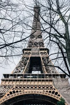 Low-angle closeup of the famous Eiffel tower surrounded by trees in Paris ,Franc Stock Photos