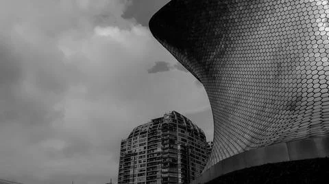 Low angle closeup of modern building facades in greyscale Fotos de archivo