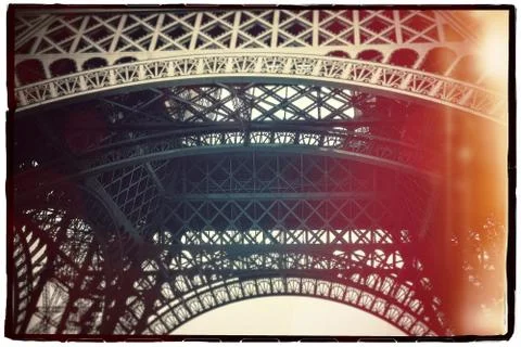 Low angle closeup shot of the Eiffel Tower with special effects in Paris Fran 스톡 사진