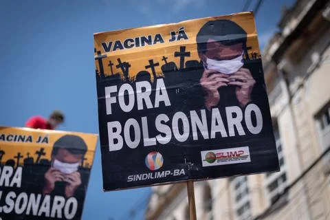 Low angle closeup shot of a poster used in a political protest in Salvador, Braz Stock Photos