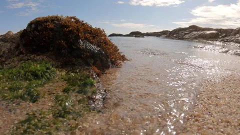 Low angle closeup of water flowing to ocean across sandy beach with rocks Stock Footage 132936362