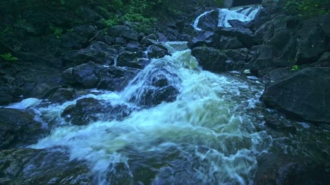 Low angle closeup of waterfall flowing stream in a dark moody forest Stock Footage 235756567