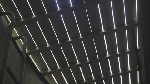 Low Angle Concrete Wall With Metal Ladder And Slatted Roof Sunlight Stock Footage 325766993