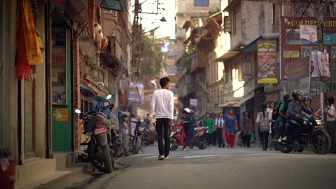 Low Angle Crowded Thamel Street Centre of Tourism and Shops in Nepal 4K Stock Footage 94706804