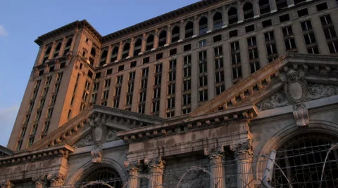 Low Angle CU on Michigan Central Station - Tilts Down to Private Property Sign Stock Footage 47038284